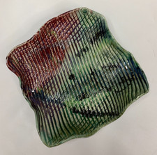 Studio Pottery Footed Dish Textured Handkerchief Edge Green Red Glaze MCM 8x8 picture