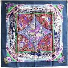 HERMÈS Carre 90 TROPIQUES Blue x Purple Multicolor Silk 100% Square Scarf Floral picture
