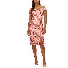 Adrianna Papell Pink Cocktail Dress Sequined Off the Shoulder Midi Sheath Size 8 picture