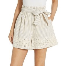 NWOT Johnny Was Jade Small Tie-Waist Beige Stripe Embroidered Eyelet Shorts picture