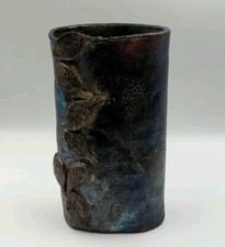 Studio Art Pottery Raku Vase With Applied Leaves Signed picture