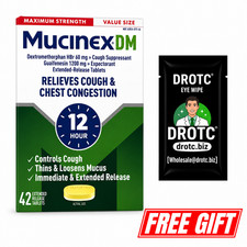Mucinex DM Max Strength 42 Tablets + Free DR OTC Eye Wipe - Exp 06/2027 picture