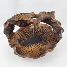 Vintage Hand Carved BURL WOOD Rustic Leaf Shaped Basket With Handle Taiwan/label picture