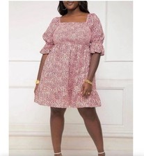 ELOQUII Elements Pink Speckled Smocked Mini Dress Plus Size 18 Puff Sleeve NWOT picture