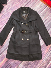 GUESS Women’s Black Pea Coat Double-Breasted Belted Lined Mid-Length Size L picture