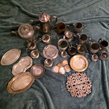 VintagePewter and Silverplate Mixed Lot Trivets Cups Creamer Sugar Trays picture