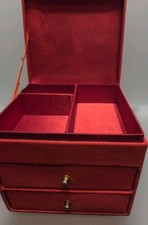 Vintage Red Cloth Square Jewelry Trinket Box 2 Drawer & Top Loading MCM picture