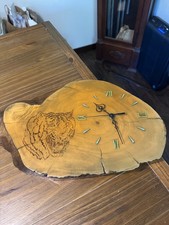 Vintage 1985 Live Edge Tiger Wood Slab Wall Clock Pyrography Working 19” picture