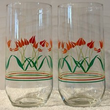 Luminarc Dutch Tulip Tumbler Glass Set: 2 Beverage 16oz Iced Tea MCM Flower Vtg picture