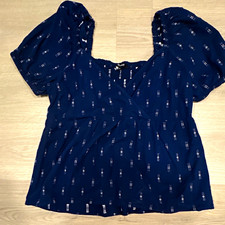 Madewell Women’s L Blouse Blue Geometric Smocked Ruffle V-Neck Puff Sleeve picture