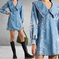 GANNI  Light Bleach Denim V-neck Ruffle Collar Dress Sz Small NWT picture