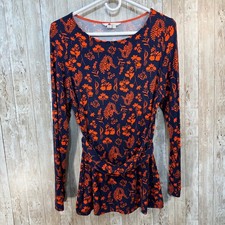 Boden Bernadette Jersey Top Navy Orange Floral Print Long Sleeve Wrap Waist 10 picture