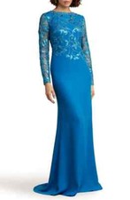 Tadashi Shoji Deep Ocean Blue Sequin Lace Long Sleeve Crepe Gown Size 8 $478 picture