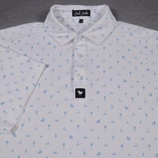 Bad Birdie Polo Shirt Mens M White Blue Geometric Print Golf Performance Stretch picture