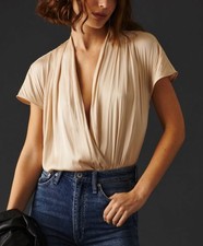 Paige Dijon Surplice V Neck Dolmain Sleeve Satin Bodysuit Women L picture