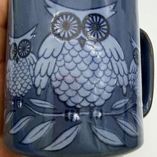 vintage Otagiri Owl Mug Blue White hand-painted stoneware coffee 1970s picture