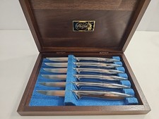 VTG -UNUSED Carvel Hall Steak Knives Set Of 6 In Walnut Box- VERY SHARP picture