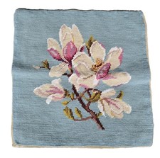 Vintage Needlepoint Finished Completed Floral Pillow Top 13 x 13 Blue Background picture