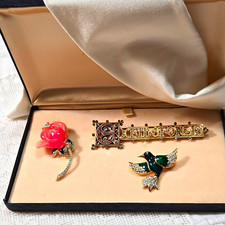 3 Rare Vintage Brooches: Sweet Romance Latin ,  S.A.L. Hummingbird, KJL Rose picture