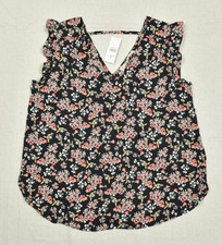 LOFT Womens Floral V-Neck Flutter Ruffle Sleeve Blouse Top Black Pink Small NWT picture