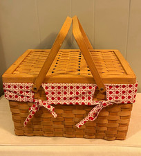 Vintage Woven Wood Slat Picnic Basket 15.5