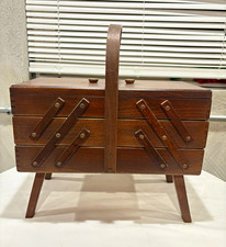 Vintage Mid-Century Wooden Accordion Sewing Box on Legs - Cantilever Craft Caddy picture