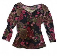 Y2K 2000s 90s Black Pink Green Floral V-Neck Knit Tunic Top Long Sleeve Pullover picture