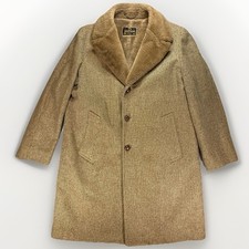 VTG 60s Zero King Tweed Overcoat 42L Brown/Green Fur Barleycorn Mens Wool USA picture
