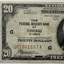 1929 G 20 Dollar Note Brown Seal Chicago Illinois Mis Cut Error Old Collectable picture