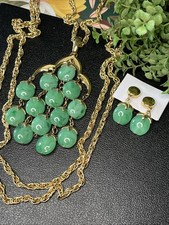 Vintage Signed TRIFARI Faux Jade Triple Strand Waterfall Necklace & Earrings SET picture