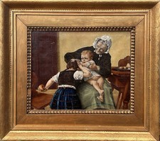 Antique Oil Painting Grandmother & Children Genre Scene Framed 19th Century picture