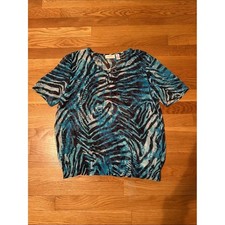 Chico's Blue Teal Zebra-Print Short Sleeve Blouse, chicos size 0, small/4 picture