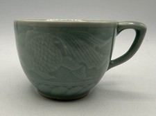 Vintage Chinese Longquan Celadon Mint Green Koi Fish Small Mug picture