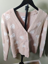 Bailey/44 Women's M Beige Fuzzy Knit Heart Print V-Neck Button Cardigan picture