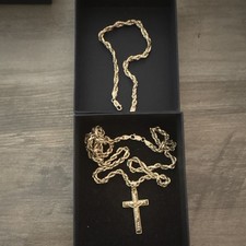 10K Yellow Gold Rope Chain Necklace Cross Pendant & Bracelet Full Set 🔥 picture