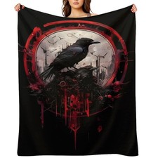Dark Gothic Crow Throw Blanket Raven Red Black Steampunk Horror Halloween Decor picture