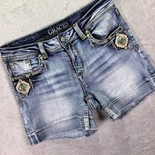Grace in LA Women Denim Shorts Sz 29 Blue Embroidered Sequin Easy Fit Y2K picture