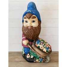 Vintage Large Garden Gnome Wheelbarrow Flowers Weathered Outdoor Folk Art Yard picture