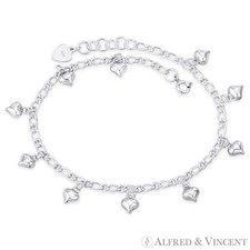 7x7mm Puffed Heart Charm & 3.5mm Figaro Link Chain Anklet in 925 Sterling Silver picture