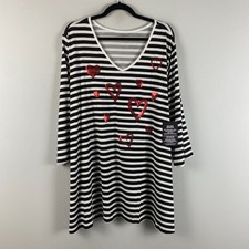 Catherines Sequin Heart Tunic Shirt Size 2X Black White Stripe V Neck 3/4 Slvs picture