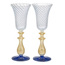Pair Vintage Murano Venetian Glass Chalice Aventurine Gold Cobalt Blue Goblets picture