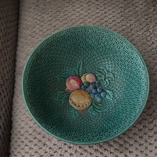 Antique Zell Majolica Bowl Basketweave & Fruit Design Germany 8.5