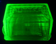 Vintage Anchor Hocking 1930’s Block Optic Green Uranium Glass Butter Dish & Lid picture