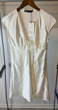 ZARA NWT Women’s Small Ivory Satin Mini Dress Deep V Neck Front Tie Bridal picture