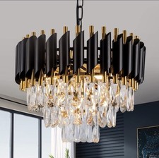 Elegant 3-Tier Black Gold Crystal Chandelier for Dining Room & Entryway picture