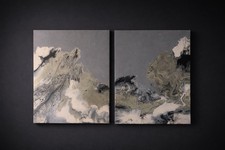 Original Abstract Diptych Painting Contemporary Fluid Art, Gray Neutral Wall Art picture
