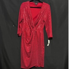 JM Studio Sequin Dress 14 Red Glam Holiday Knot Front V-Neck NYE Valentines picture