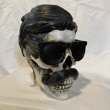 NEW Halloween Hippie Skull with Hair, Mustache, Tattoos & Glasses Retro Decor picture