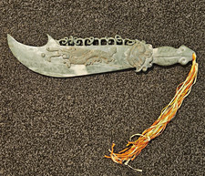 Chinese Green Jade Carved Ceremonial Dagger Decorative Blade/Knife w/ Tassel picture