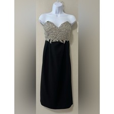 Vintage 80s Black Strapless Beaded Cocktail Dress Heavy Sequin Pearl Glam S/M picture